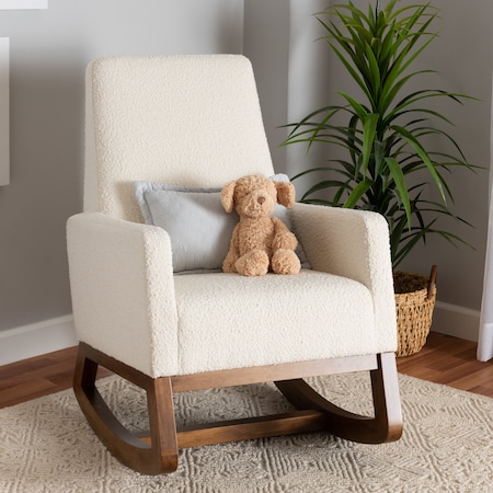 Baxton Studio Yashiya MidCentury Modern OffWhite Boucle Upholstered and Walnut Brown Finished Wood Rocking Chair 225-12925-ZORO